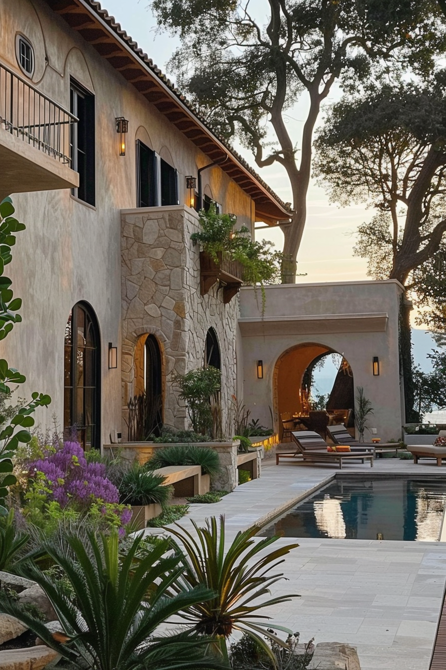 Elegant villa with a pool at twilight, featuring stone archways, lush landscaping, and a backdrop of mature trees.