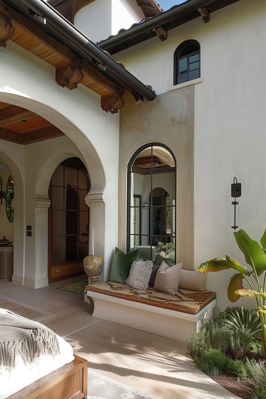 Cozy patio with cushioned bench, arched doorways, and greenery under a sunny sky, conveying a Mediterranean architectural style.