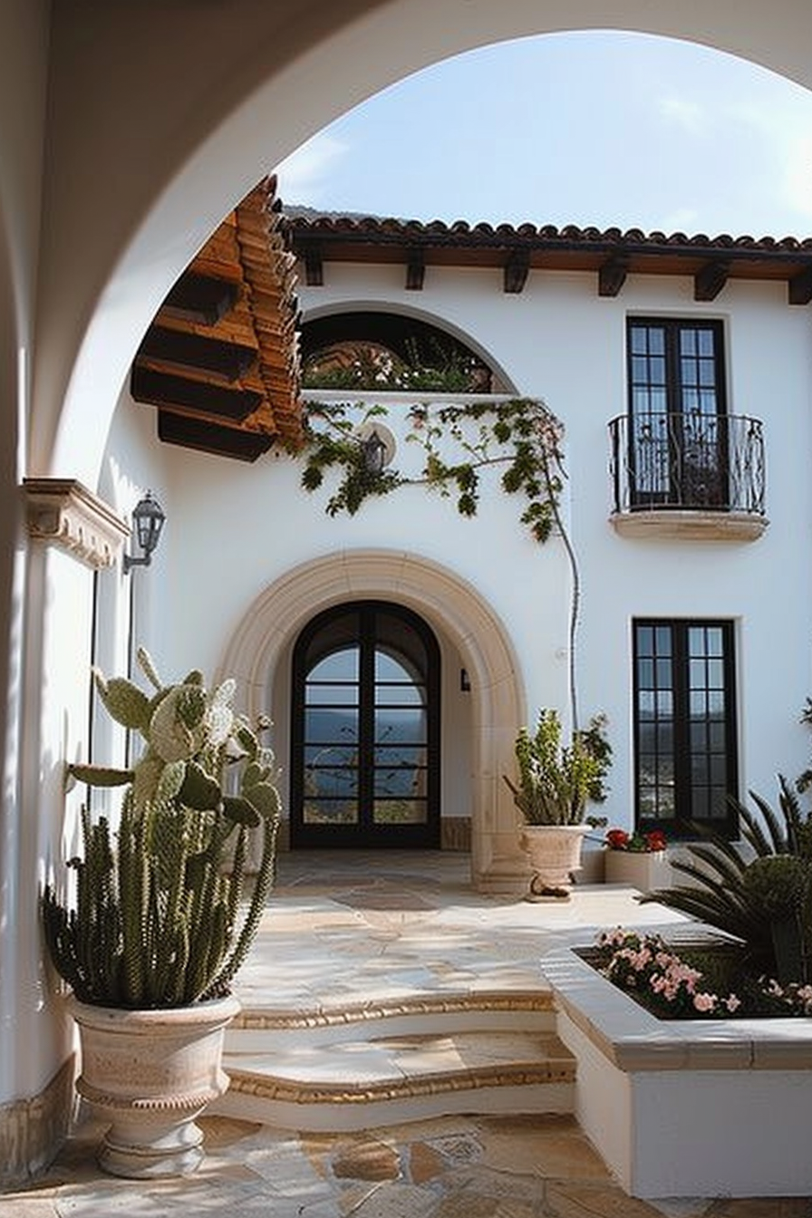 Arched entryway to a Mediterranean-style villa with cacti and plants, overlooking a seaside vista.