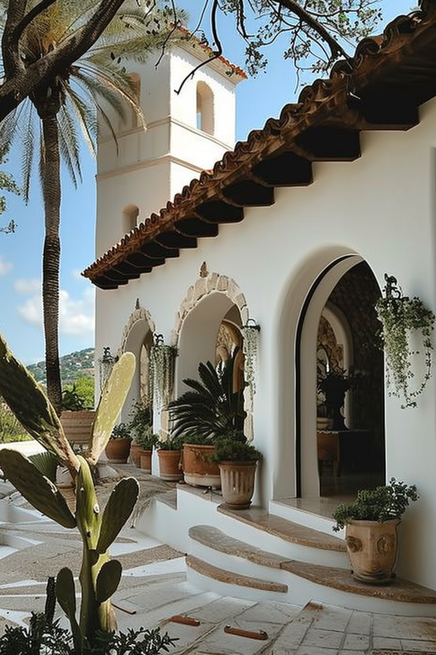 A Spanish-style villa with arches, tiled steps, terracotta pots with plants, and a cactus, under a clear sky with partial view of a palm tree.