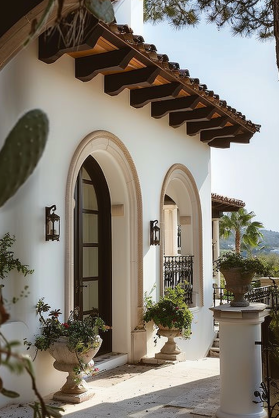 Exterior of a Mediterranean style house with arch doorways, ornate lanterns, and potted plants under a sunny sky.