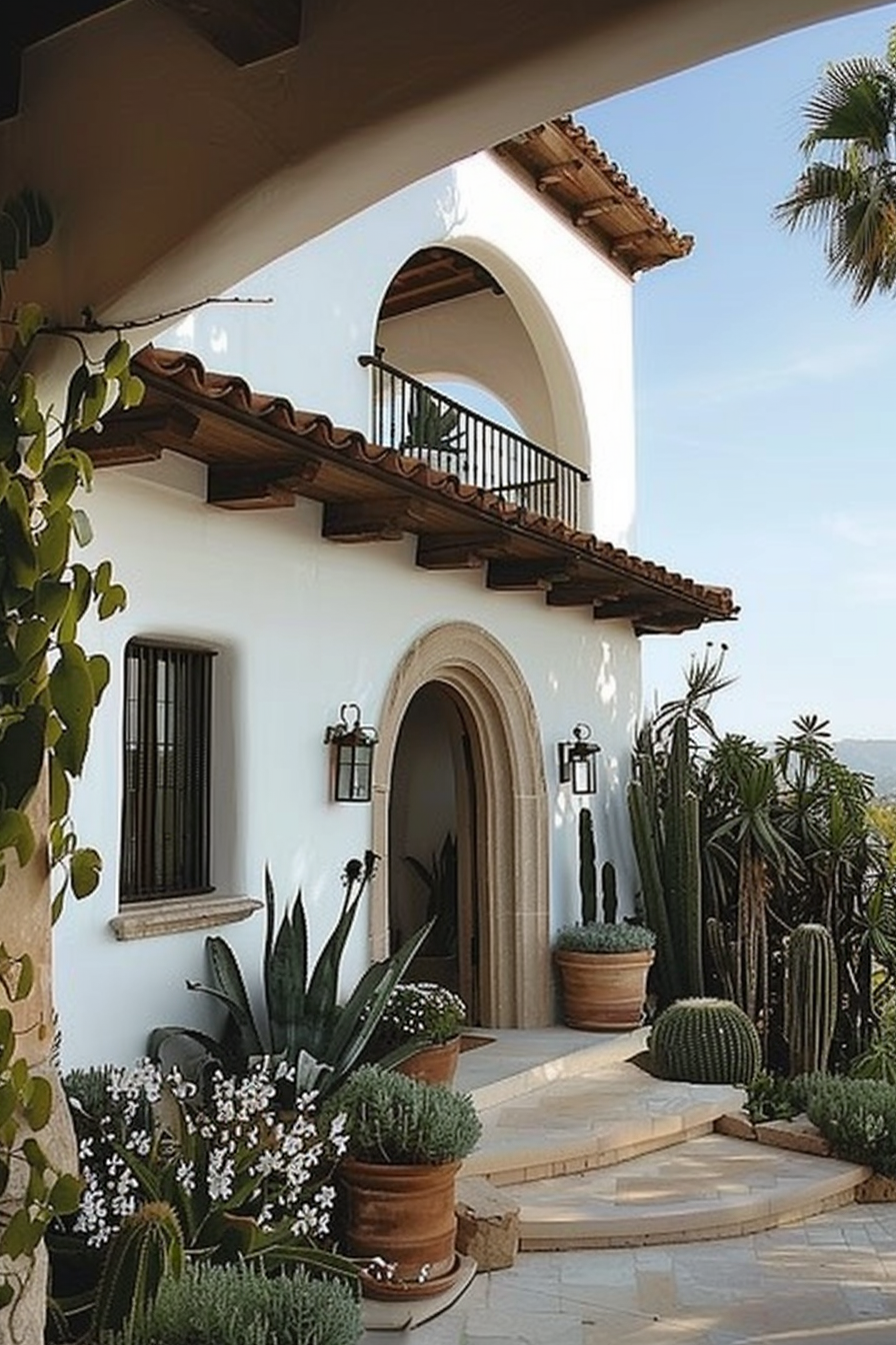 ALT Text: "A Spanish-style white stucco home entrance with a terracotta tile roof, adorned with wrought-iron balcony railings and surrounded by potted succulents."