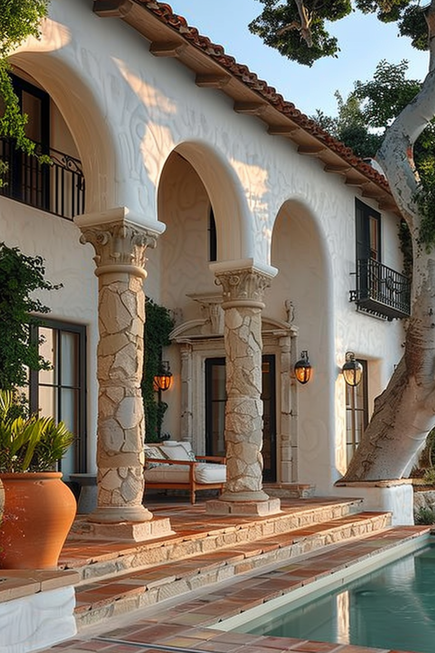 Elegant Spanish-style villa facade with stone columns, archways, a balcony, terracotta tiles, and a pool at twilight.