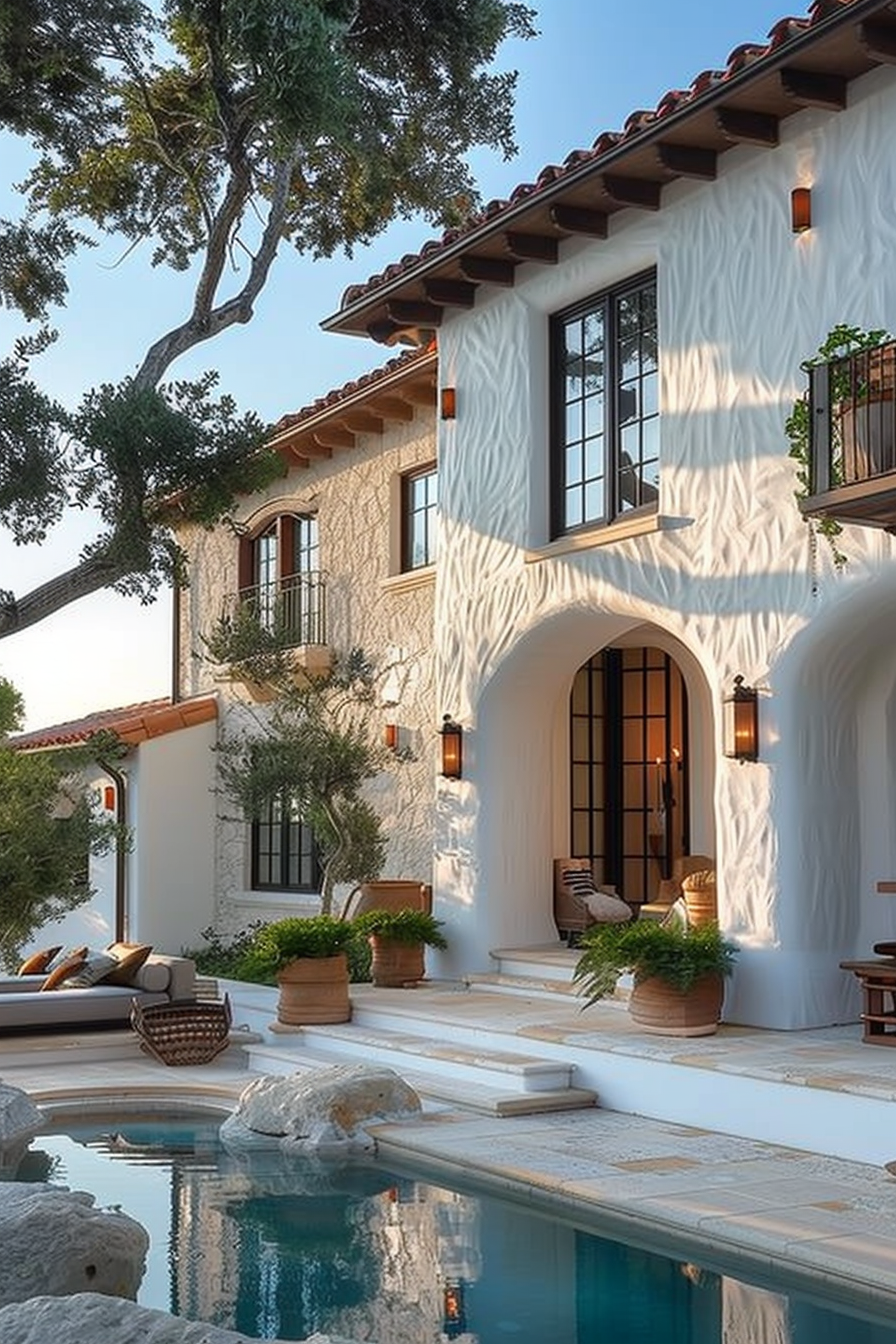 Mediterranean-style villa with a swimming pool, terracotta tile roof, arched doorways, and surrounded by trees and potted plants.
