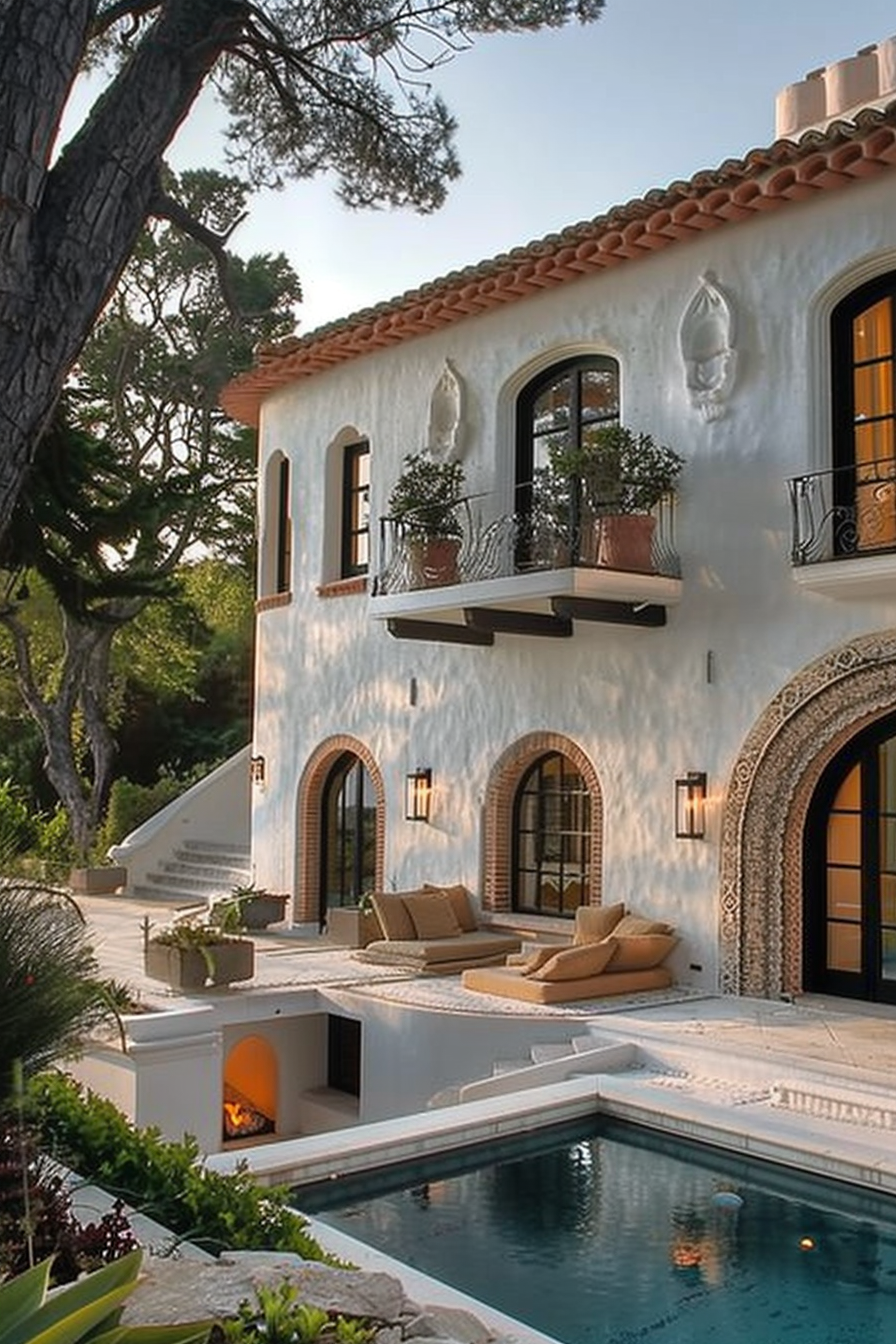 ALT: A two-story Mediterranean-style villa with arched doorways, a second-floor balcony with planters, poolside loungers, and an outdoor fireplace.