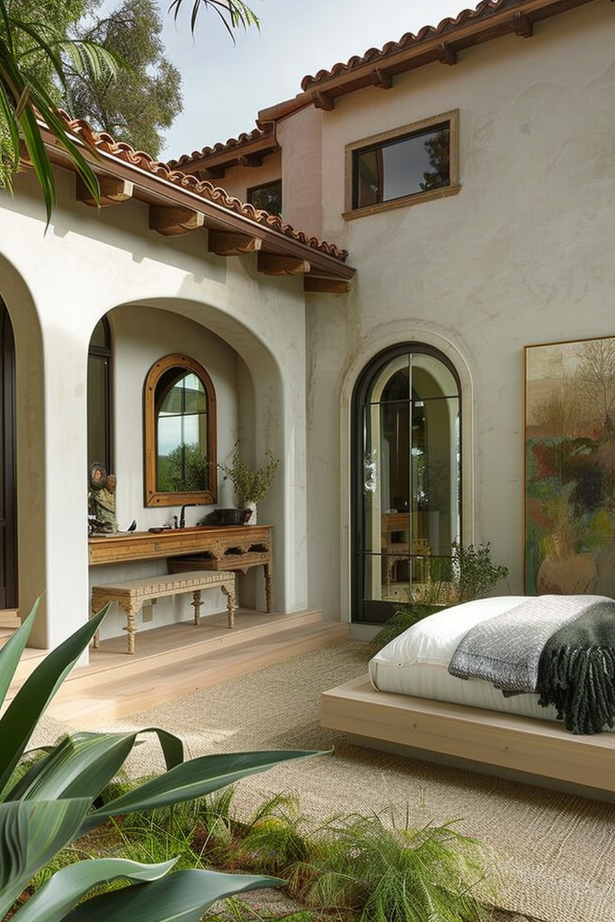 A serene bedroom patio with arches, a terracotta roof, and a blend of indoor and outdoor elements, featuring plants and natural textures.