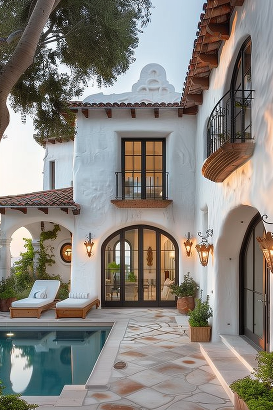 Spanish-style white stucco house with terracotta roof tiles, arched doorways, balcony, and a pool on a tiled patio at dusk.