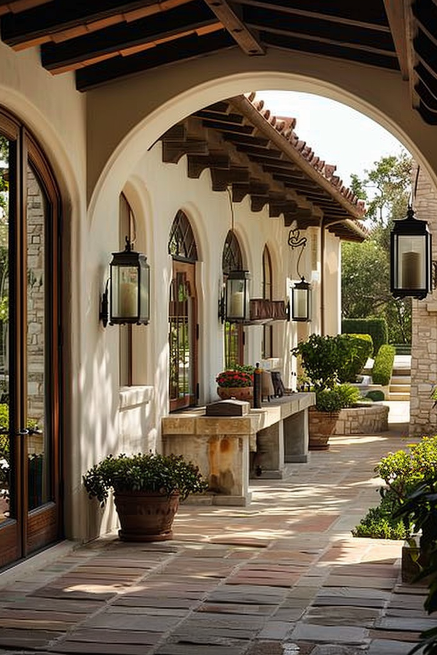 Spanish-style outdoor corridor with arches, hanging lanterns, and a stone path lined with plants and a built-in sink area.