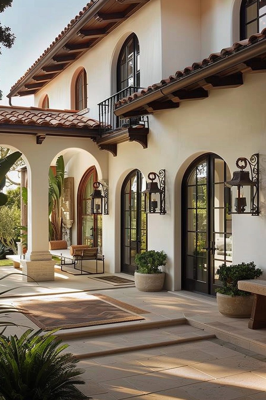 Elegant Spanish-style house exterior with arched doorways, balconies, hanging lanterns, and outdoor furniture.