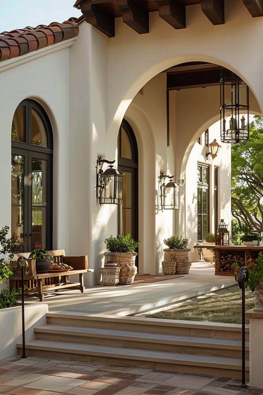 Elegant Mediterranean-style patio with archways, hanging lanterns, wrought-iron fixtures, wooden benches, and potted plants.
