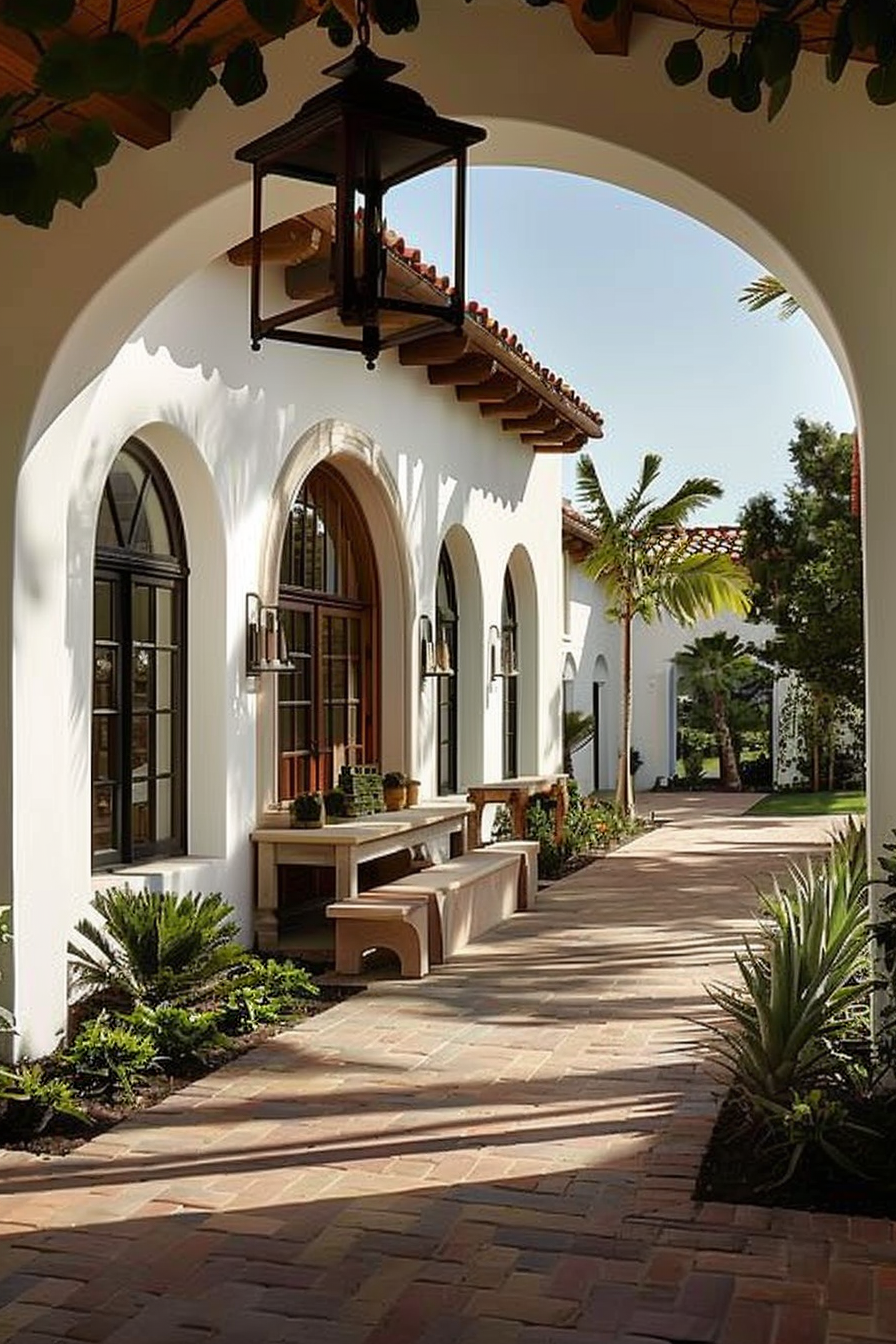 Arched walkway of a Spanish-style building with hanging lanterns, arched windows, potted plants, and tiled flooring.