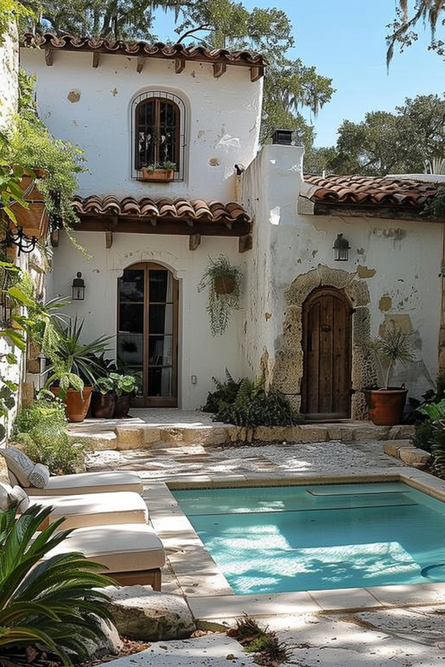 "Cozy Mediterranean-style courtyard with a small pool, sunbeds, potted plants, and a rustic, textured facade under a clear blue sky."