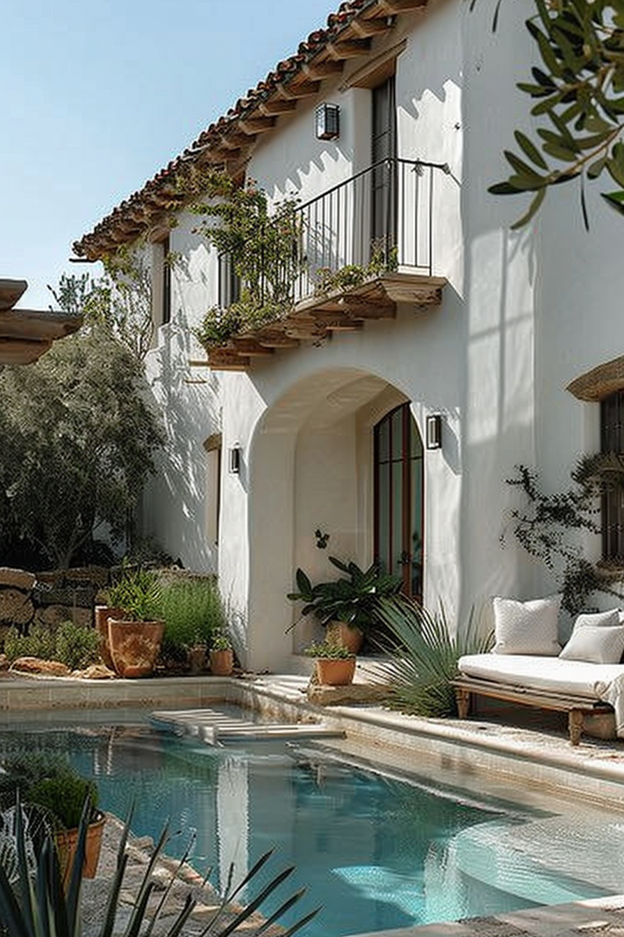 ALT: A tranquil poolside with a white, two-story house adorned with terracotta roof tiles, archways, a balcony, and lush planters under blue skies.