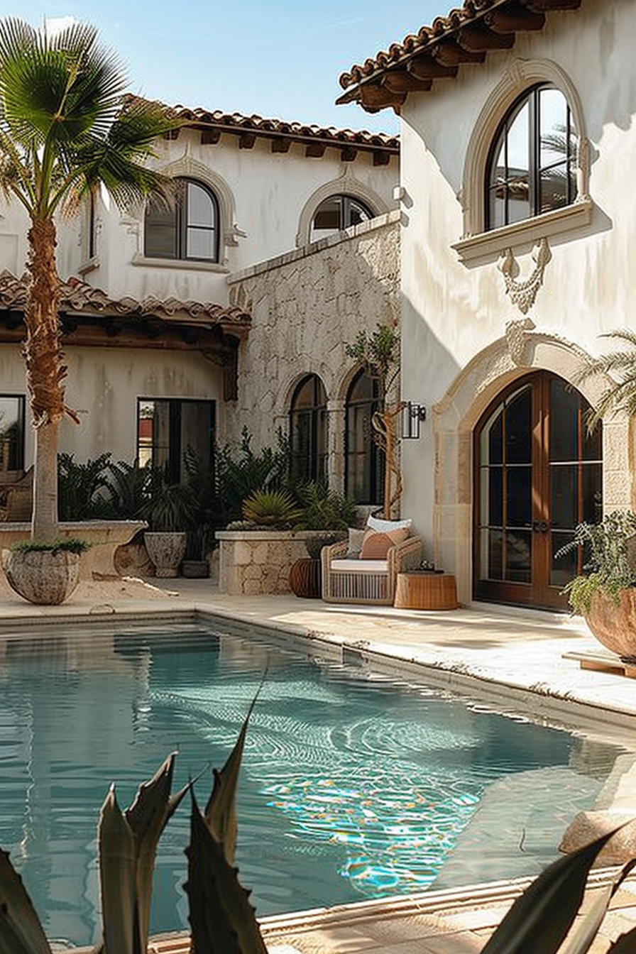 Luxurious Spanish-style villa with an outdoor pool, surrounded by palm trees and stylish patio furniture under a clear sky.
