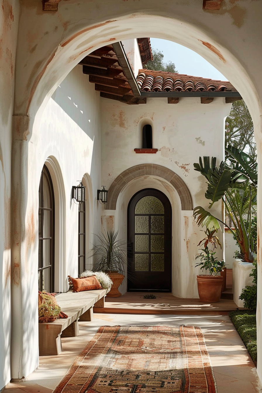 ALT: A serene Mediterranean-style archway with rustic benches, terracotta pots with plants, and a vintage rug under warm, natural light.