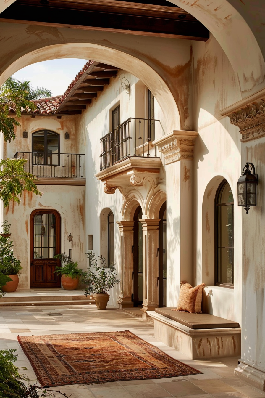 ALT text: Sunlit Spanish-style courtyard with archways, a wrought-iron balcony, rustic walls, and an ornate rug on the tiled floor.