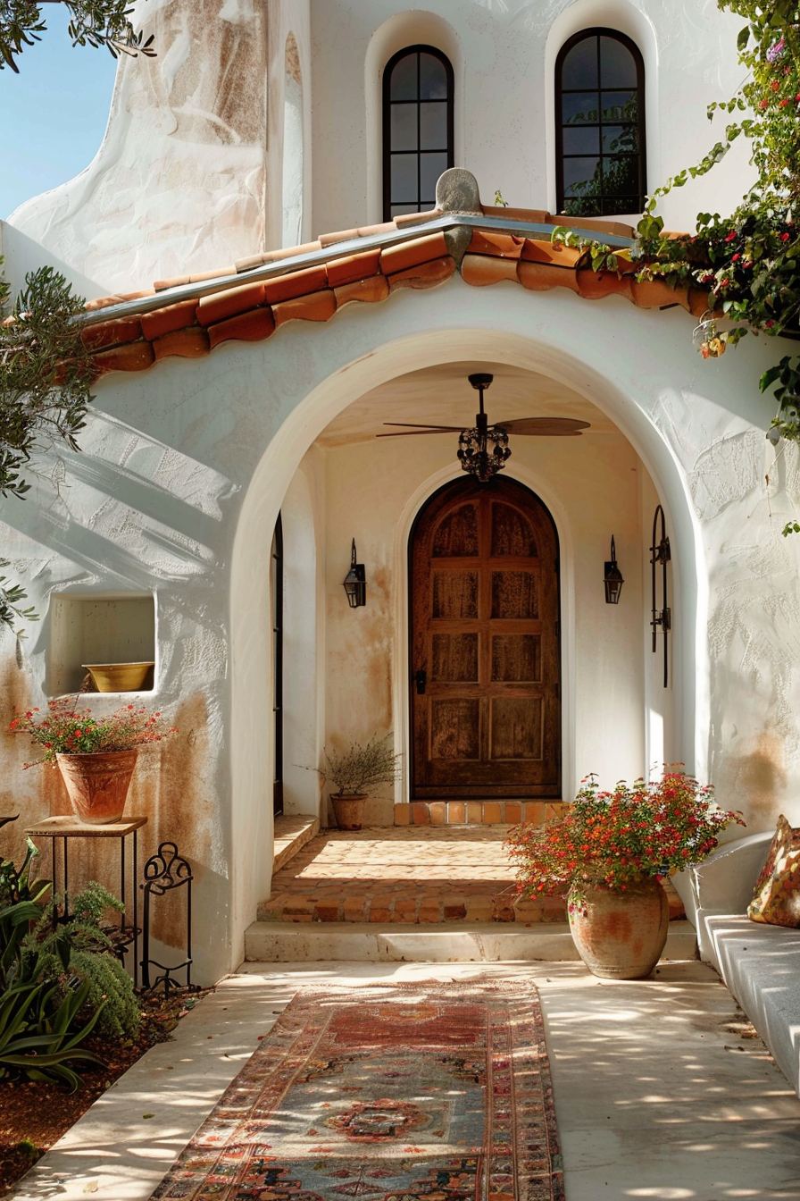 An inviting Spanish style entryway with an arched door, terracotta tiles, and pots of blooming flowers under sunny skies.