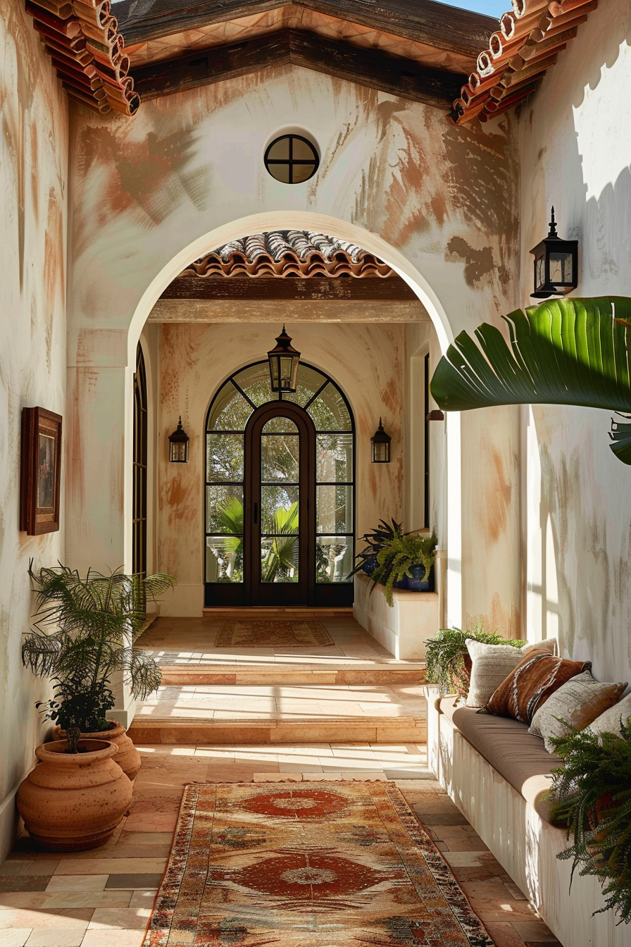 Sunlit Spanish-style entryway with terracotta tiles, arched doorway, potted plants, and a patterned rug.