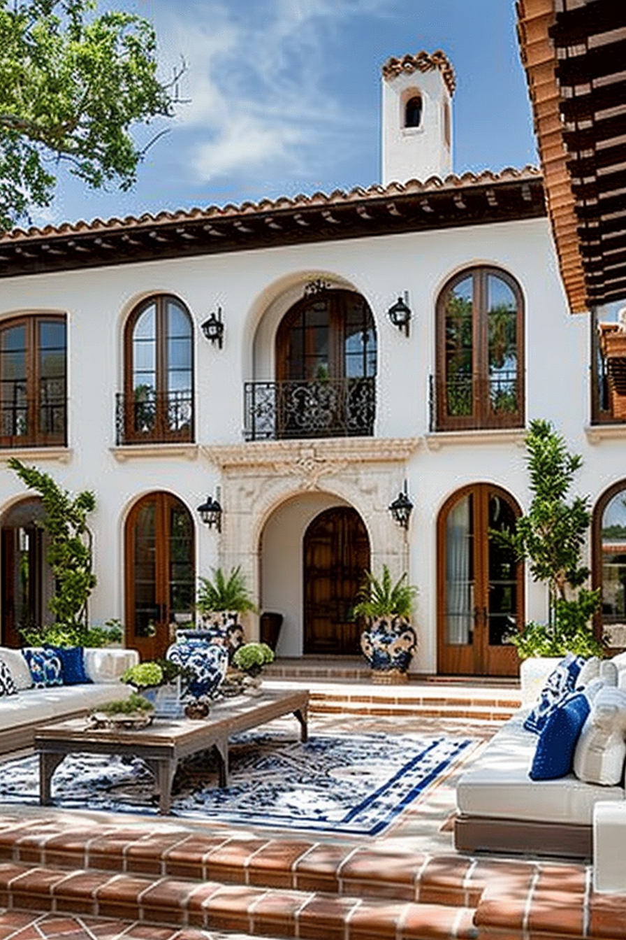 Elegant Spanish-style courtyard with terracotta tiles, white outdoor sofas, blue patterned cushions, and a two-story house facade.