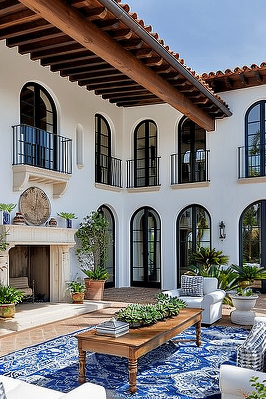Elegant Spanish-style courtyard with patterned blue rug, outdoor furniture, and arched doorways, accentuated by lush potted plants.