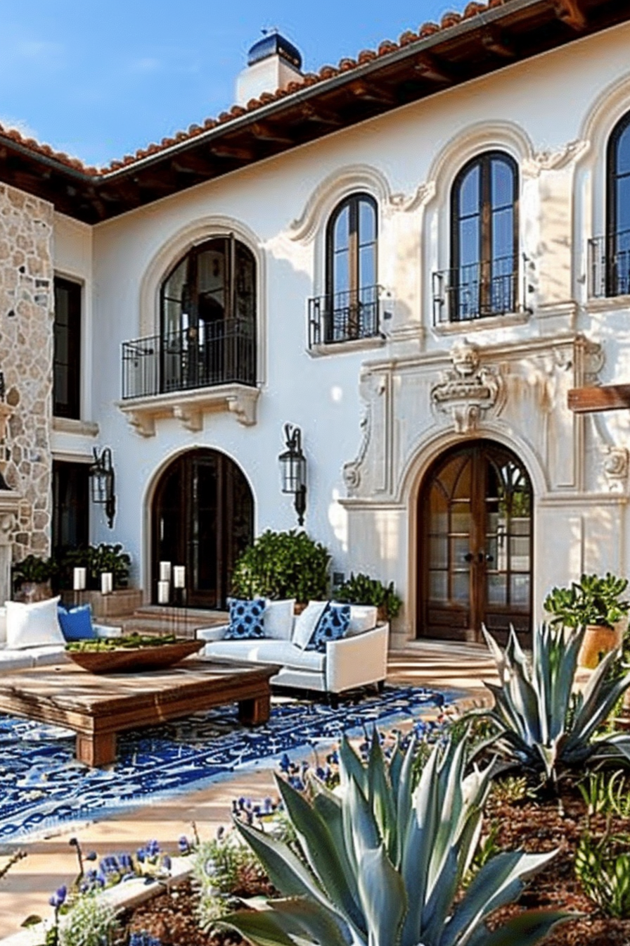 Elegant Spanish-style courtyard with ornate doorways, a tile floor, white outdoor furniture, and lush potted plants.