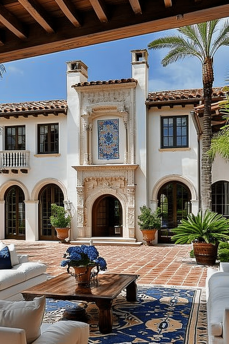 Spanish-style courtyard with decorative tiles, archways, outdoor furniture, and lush green plants under a bright blue sky.