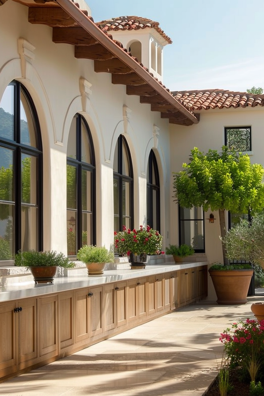Spanish-style architecture with arched windows, terra cotta roof, and a patio lined with potted plants and built-in wooden cabinetry.