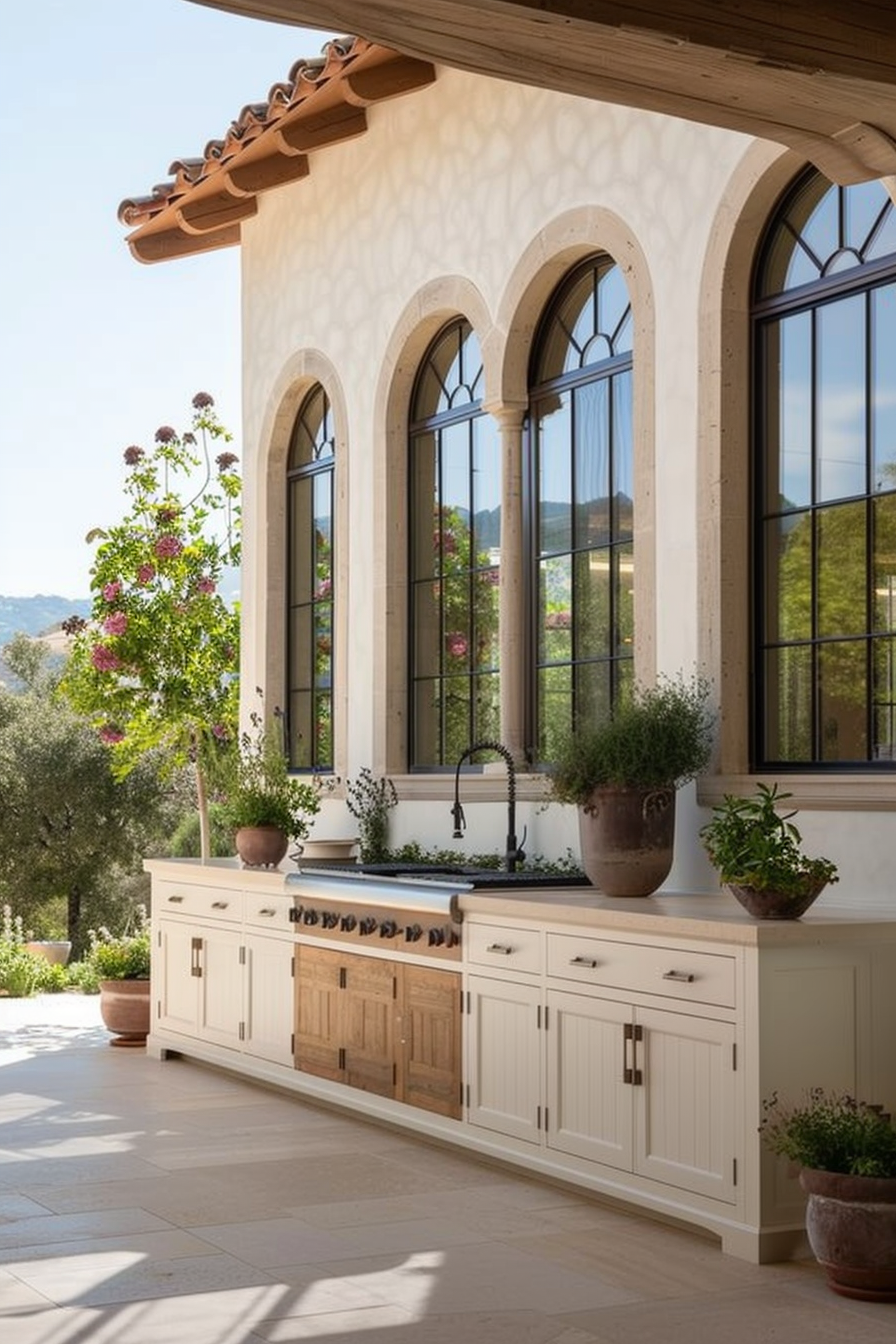 An outdoor kitchen counter with sink under arched windows of a Mediterranean-style home, adorned with potted plants.