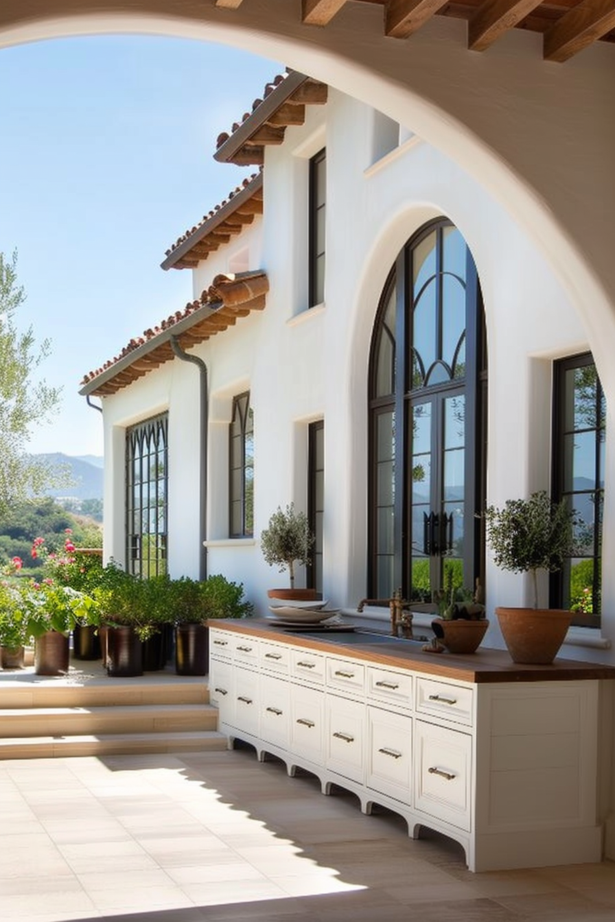 Spanish-style patio with arched windows, a white cabinet, and potted plants under a sunny blue sky.