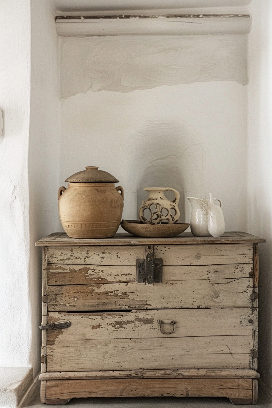 ALT text: "An aged wooden chest with peeling paint holding a clay pot, a decorative pitcher, and a small vase against a white textured wall."