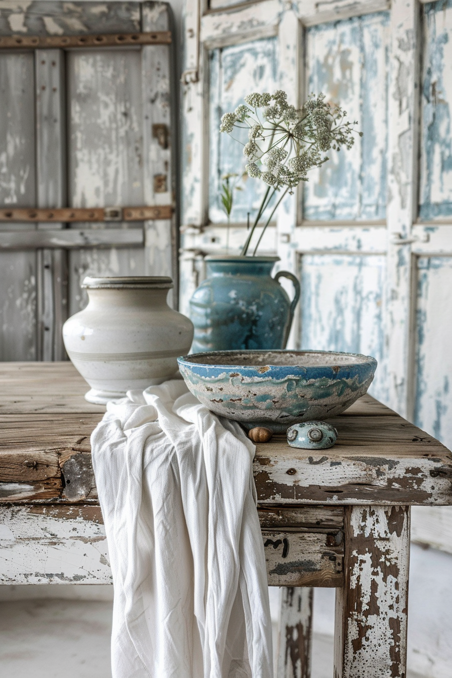 Rustic wooden table with pottery and wildflowers in a distressed blue vase, against an aged cabinet and window background.