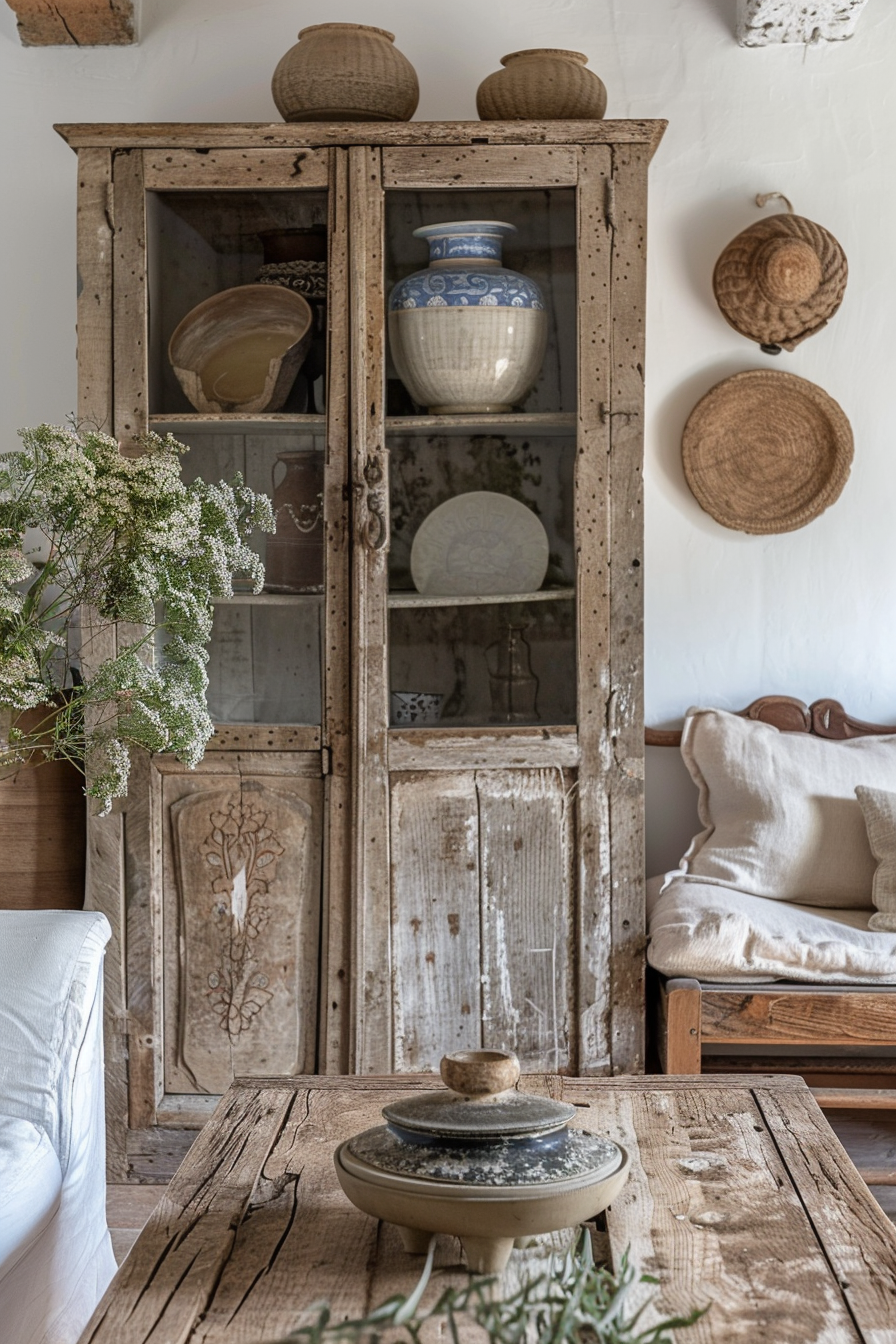 Rustic interior with a distressed wooden cupboard displaying ceramics, woven baskets on the wall, and a table with a clay pot centerpiece.