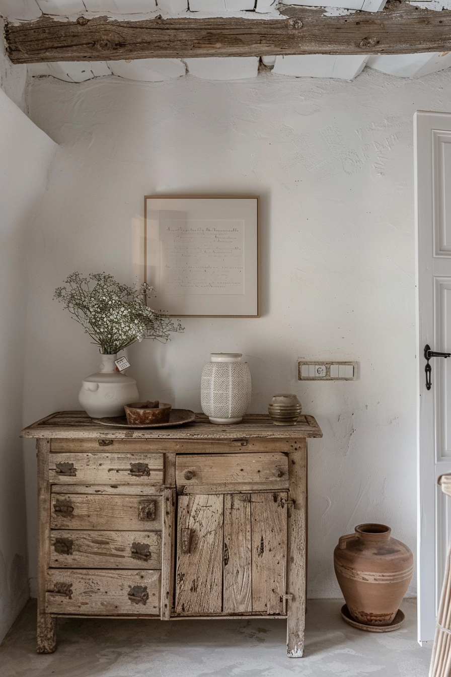 Rustic wooden cabinet with decor items and framed artwork on a white textured wall, exposed wooden beam above, and a clay pot on the floor.