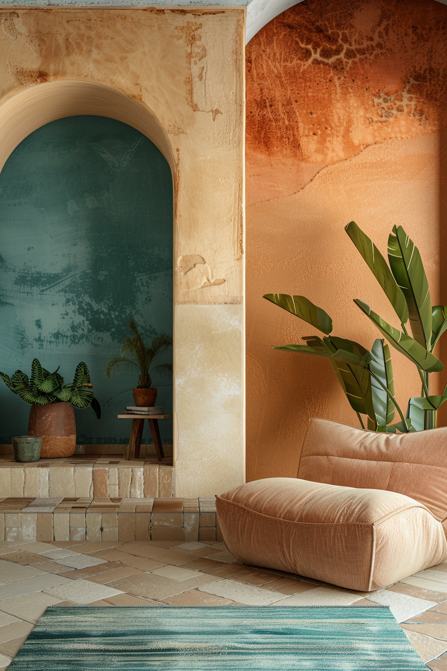 Elegant corner with a plush peach chair, green plants in terracotta pots, and an archway leading to a teal room.