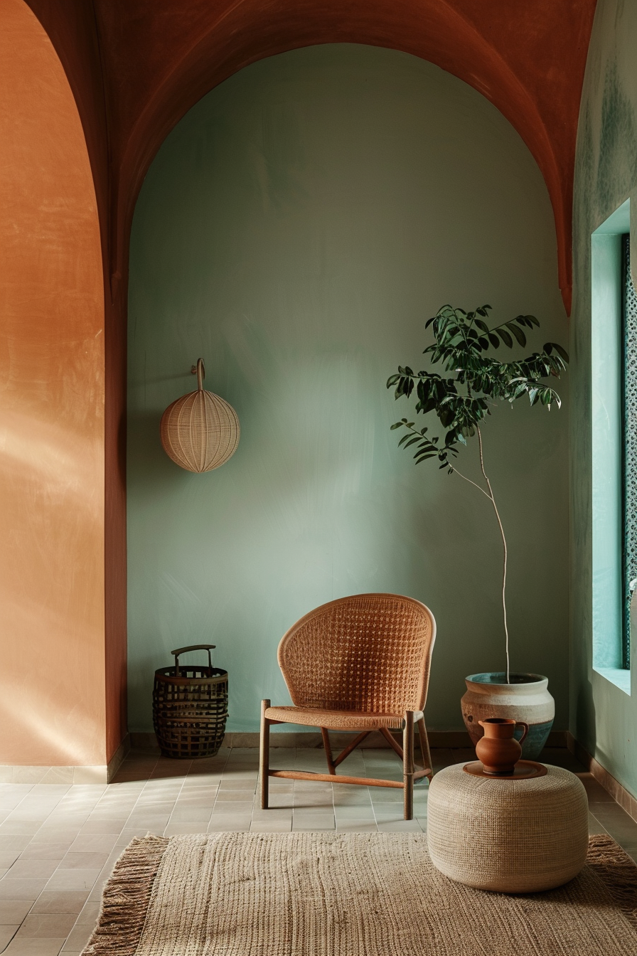 ALT: A serene corner with a wicker chair, woven pendant lamp, potted plant, and simple decor under a terracotta arch in a room with pastel green walls.