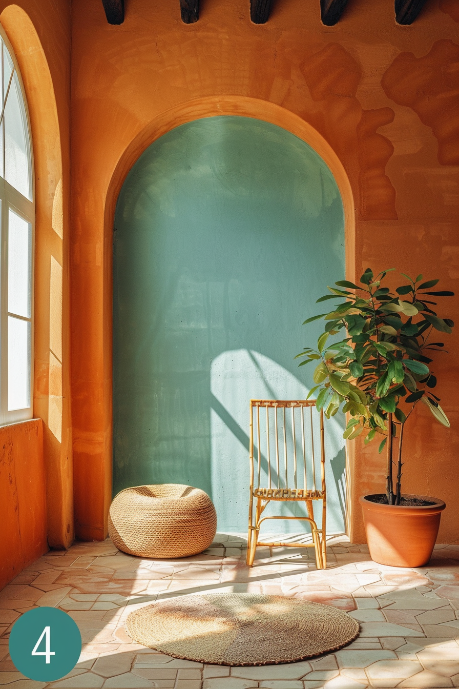 A cozy sunlit corner with a gold chair, woven pouf, round rug, and potted plant casting shadows on a teal and terracotta wall.