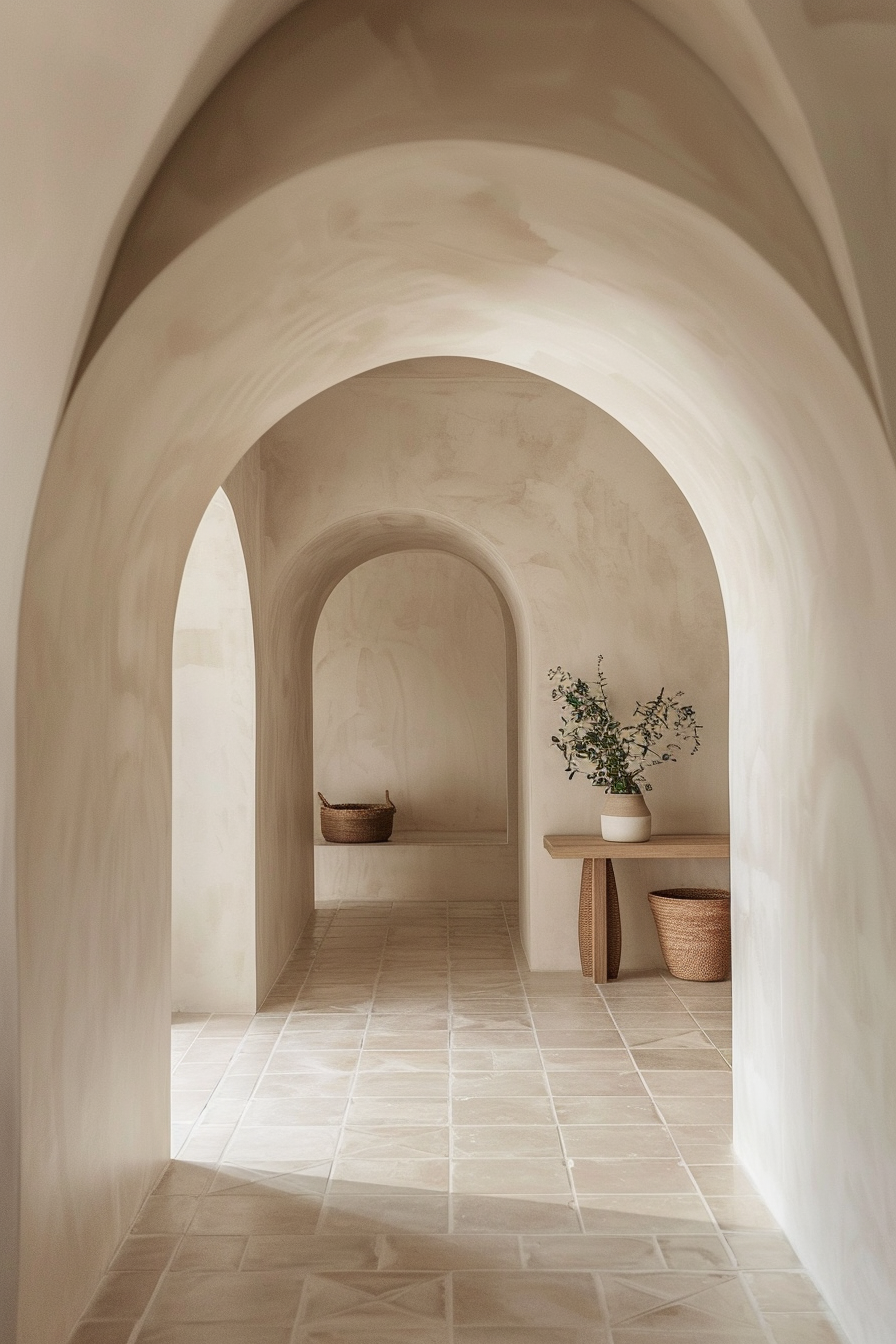 Arched white hallways with beige floor tiles, featuring a small table with a plant and woven baskets in a serene setting.