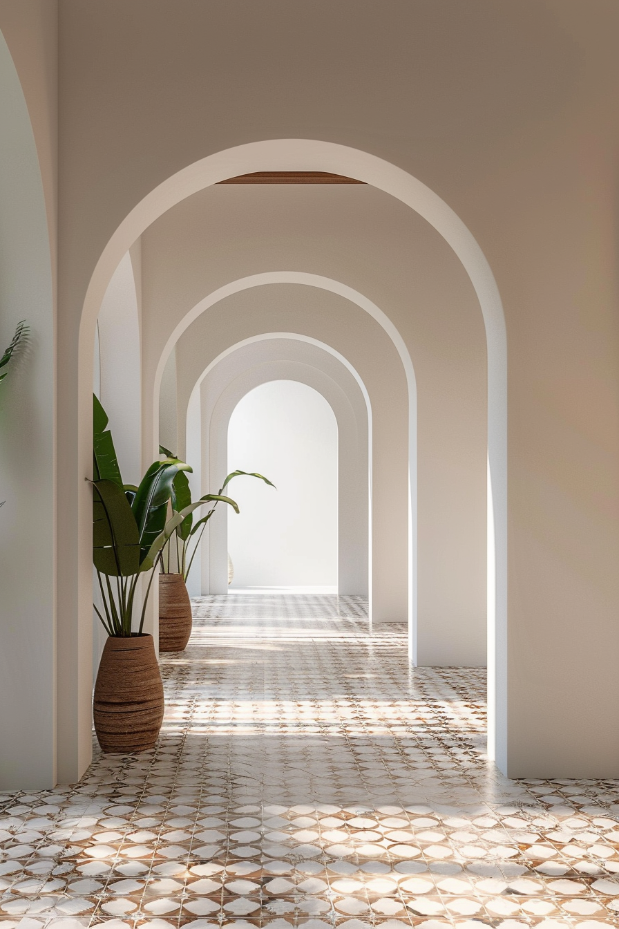 A perspective view of a series of white archways with patterned floor tiles and potted plants, illuminated by natural light.