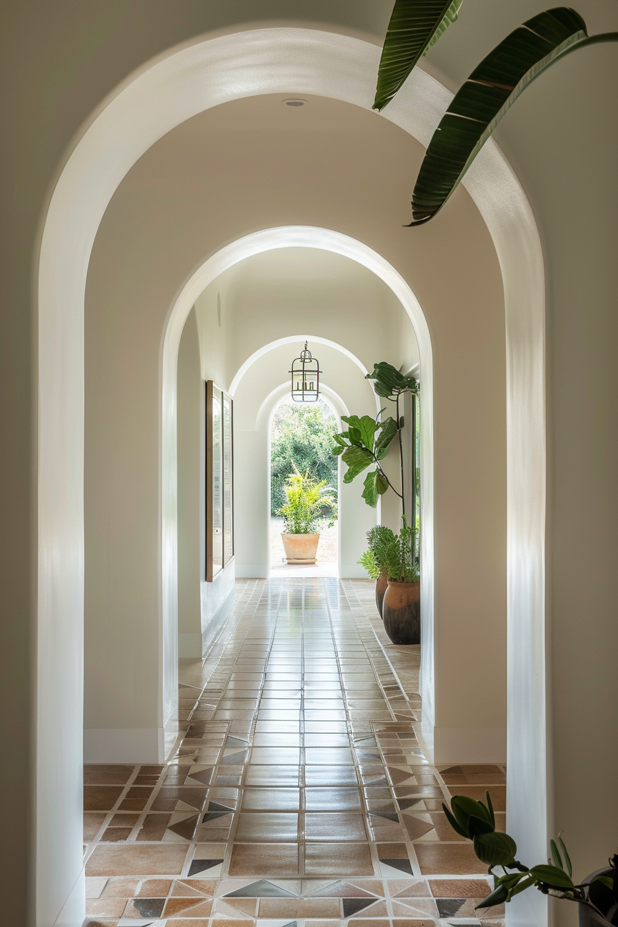 Arched hallway with patterned floor tiles leading to a bright garden entrance, adorned with potted plants and hanging lanterns.