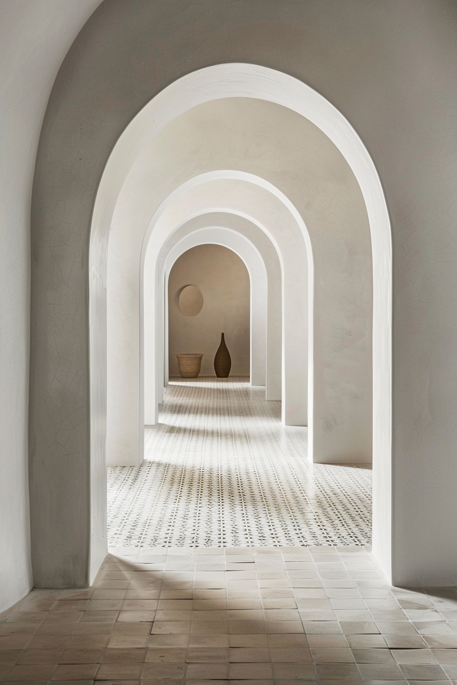 A series of white arches in diminishing perspective with patterned sunlight on the floor, leading to vases in an alcove.