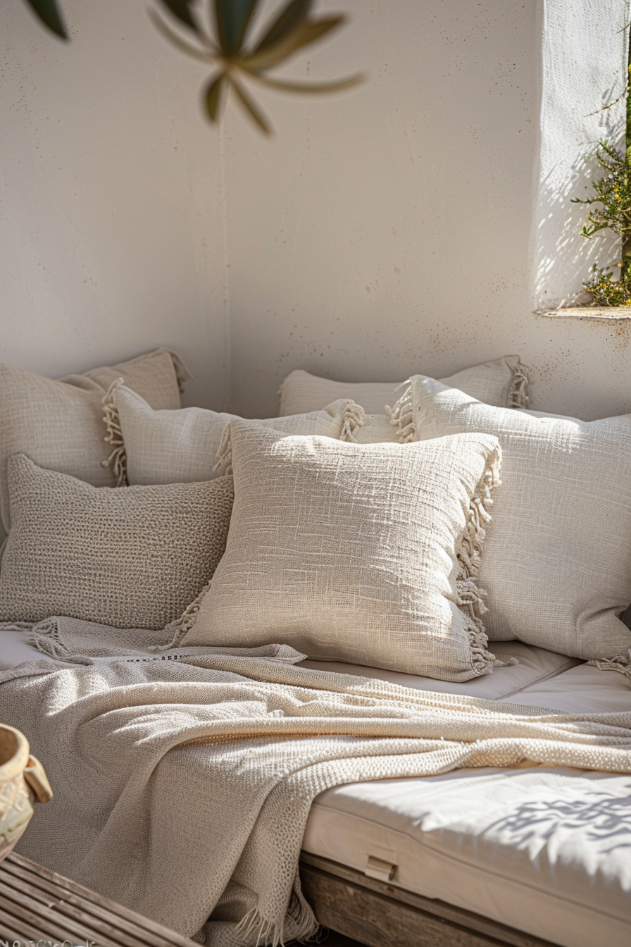Cozy corner with beige cushions, throw blanket, on a daybed in a sunlit room with a plant and rustic touches.