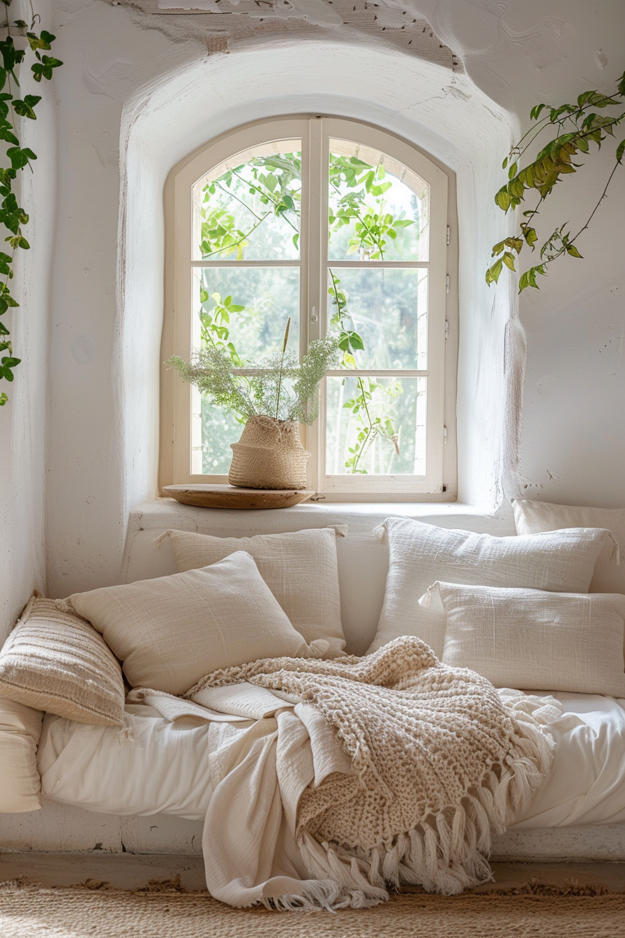 A cozy nook with cushions and a throw blanket by an arched window, overlooking greenery, with a woven vase and plant on the windowsill.