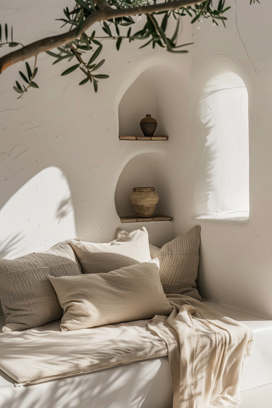 A cozy corner with a cushioned bench, pillows, and a throw, with sunlight casting shadows and two rustic pots on arched wall shelves.