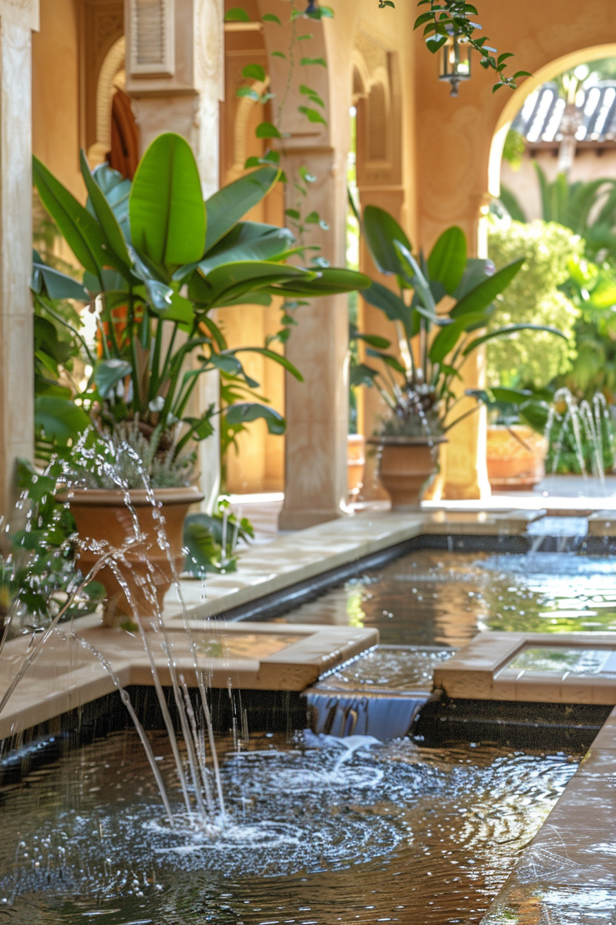 A serene water feature with splashing fountains and lush green plants in a sunlit courtyard with arches and lanterns.