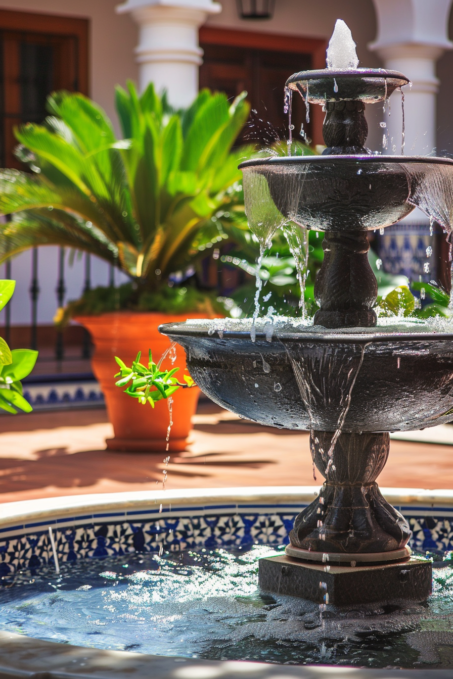 An ornate tiered fountain with water cascading down, set against lush plants and traditional architecture.