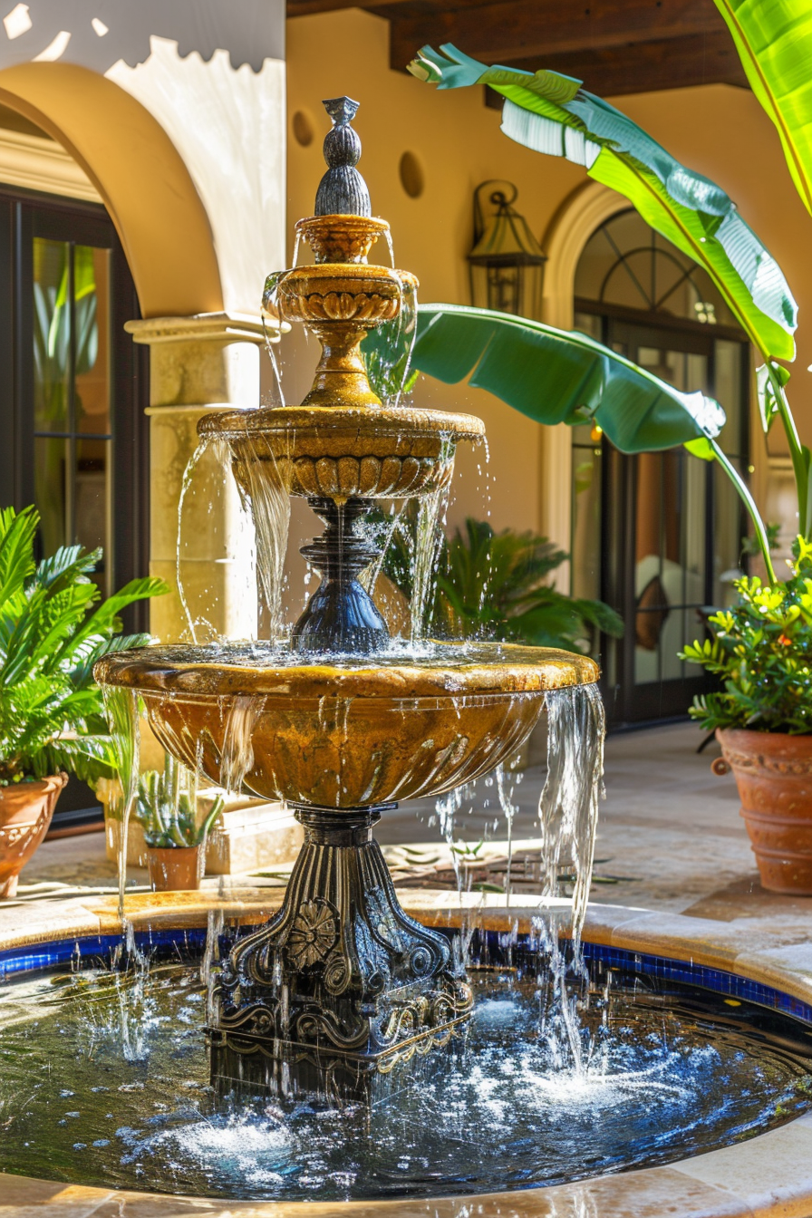 An ornate three-tiered fountain cascading water, set in a sunny courtyard surrounded by green plants and terracotta pots.