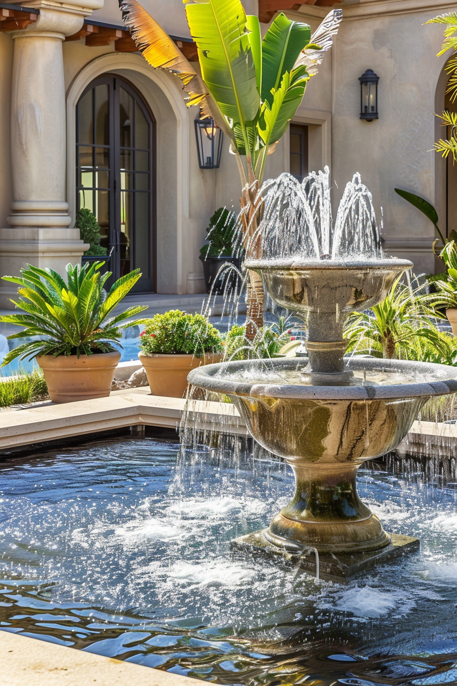 Elegant tiered fountain in a sunny courtyard with potted plants and archways, conveying a tranquil Mediterranean ambiance.