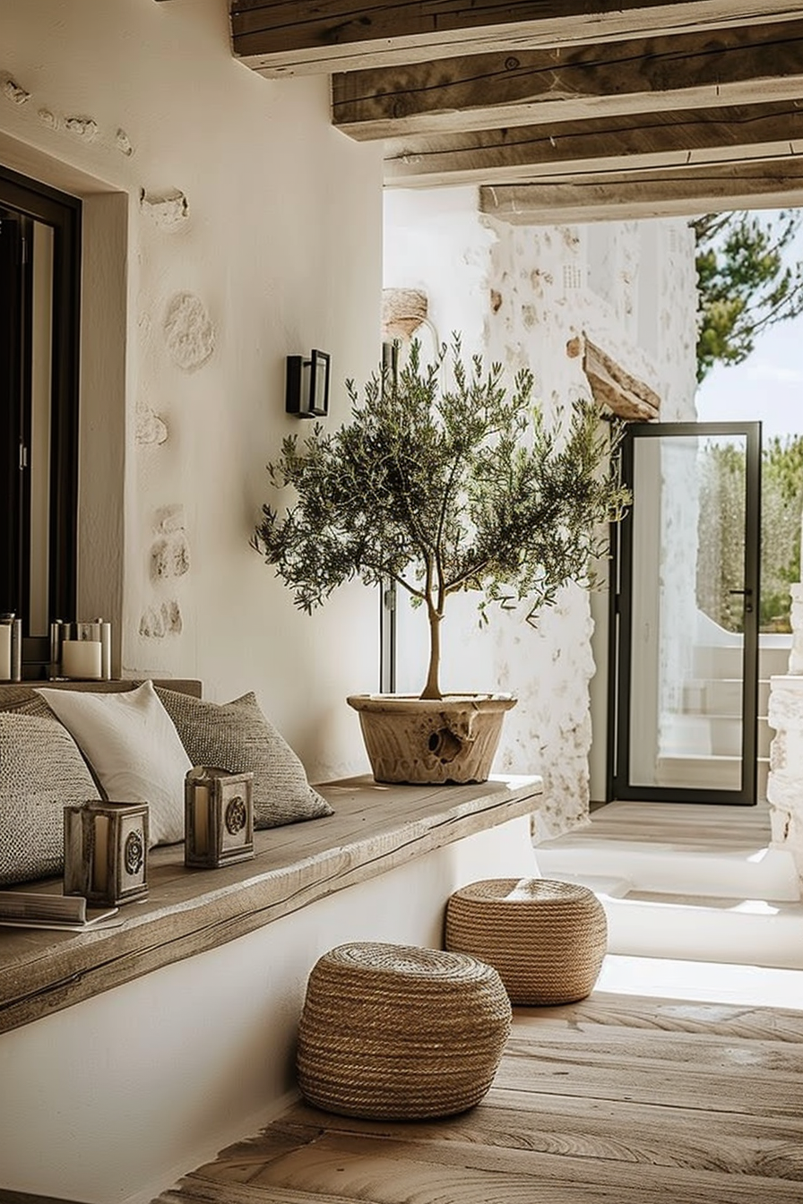 A serene corner with a potted olive tree, woven stools, and cushions on a wooden bench, showcasing a rustic Mediterranean interior style.