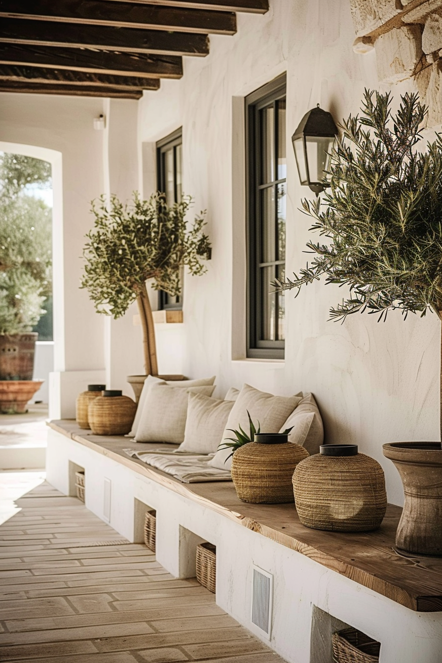 Cozy porch with a wooden bench, cushions, potted olive trees, woven baskets, and a classic lantern on a sunny day.