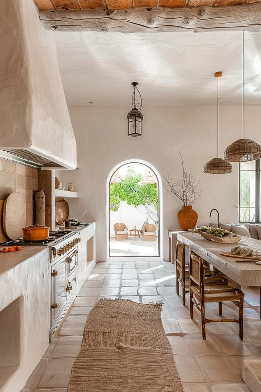Rustic kitchen with white walls, wooden ceiling beams, a stone floor, and an arched doorway leading to an outdoor patio.